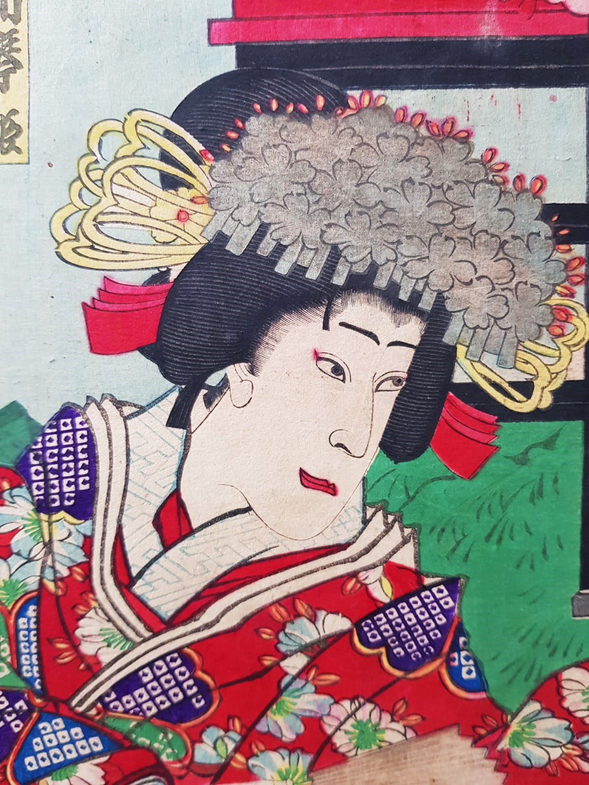 Meiji-Era Ukiyo-e Triptych – Toyohara Kunichika, Kabuki Theater Scene with Cherry Blossoms, c. 1880s