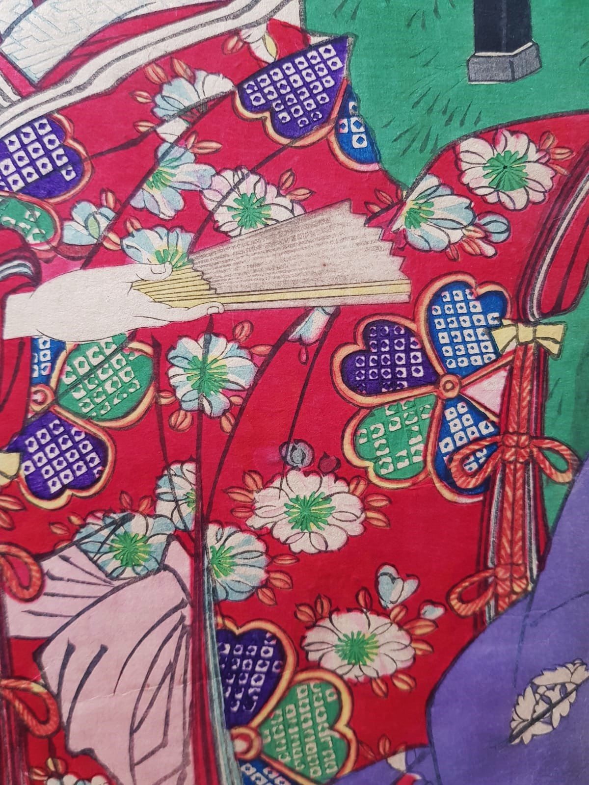 Meiji-Era Ukiyo-e Triptych – Toyohara Kunichika, Kabuki Theater Scene with Cherry Blossoms, c. 1880s
