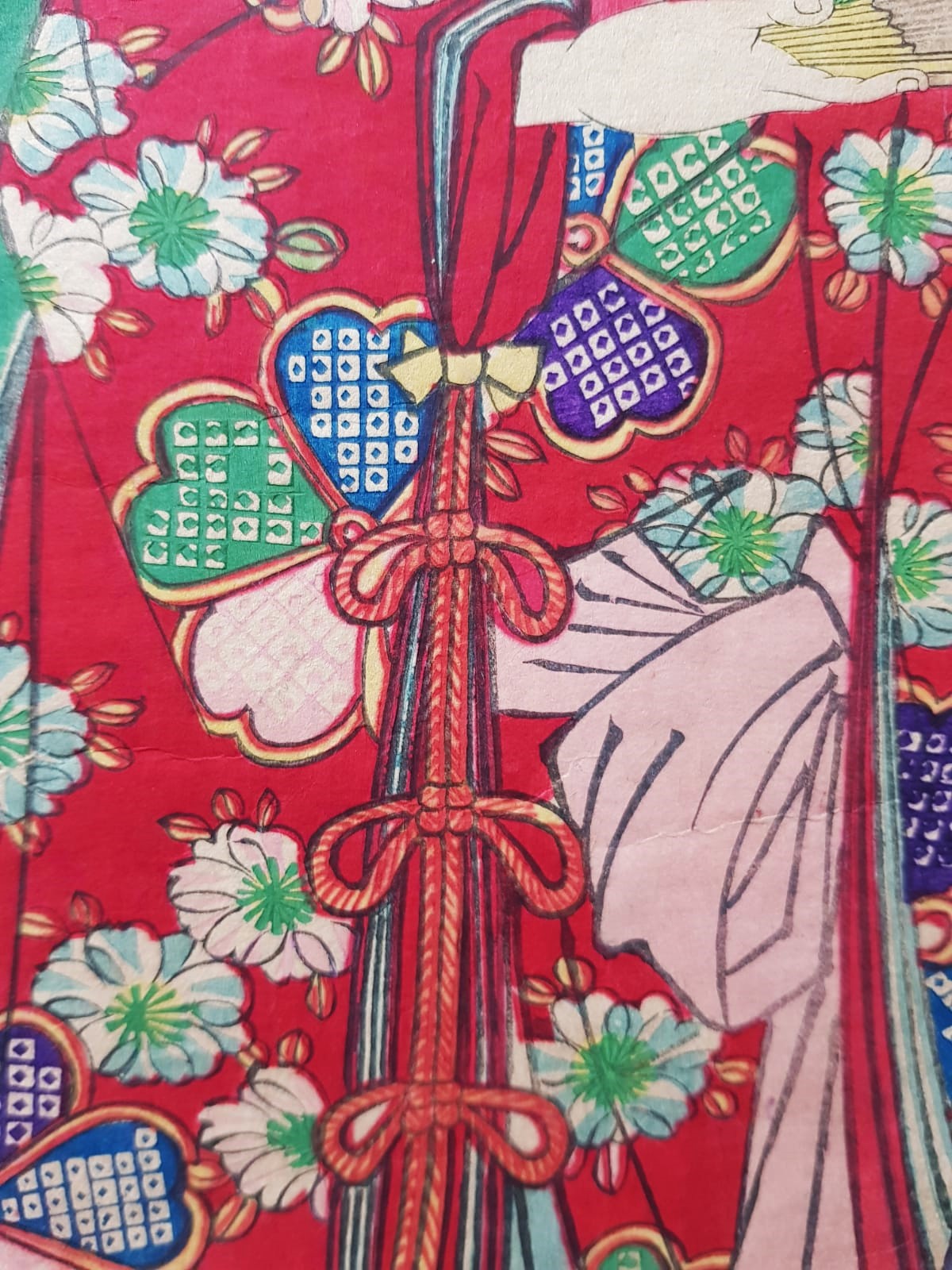Meiji-Era Ukiyo-e Triptych – Toyohara Kunichika, Kabuki Theater Scene with Cherry Blossoms, c. 1880s