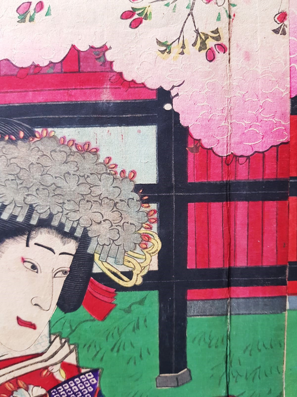 Meiji-Era Ukiyo-e Triptych – Toyohara Kunichika, Kabuki Theater Scene with Cherry Blossoms, c. 1880s
