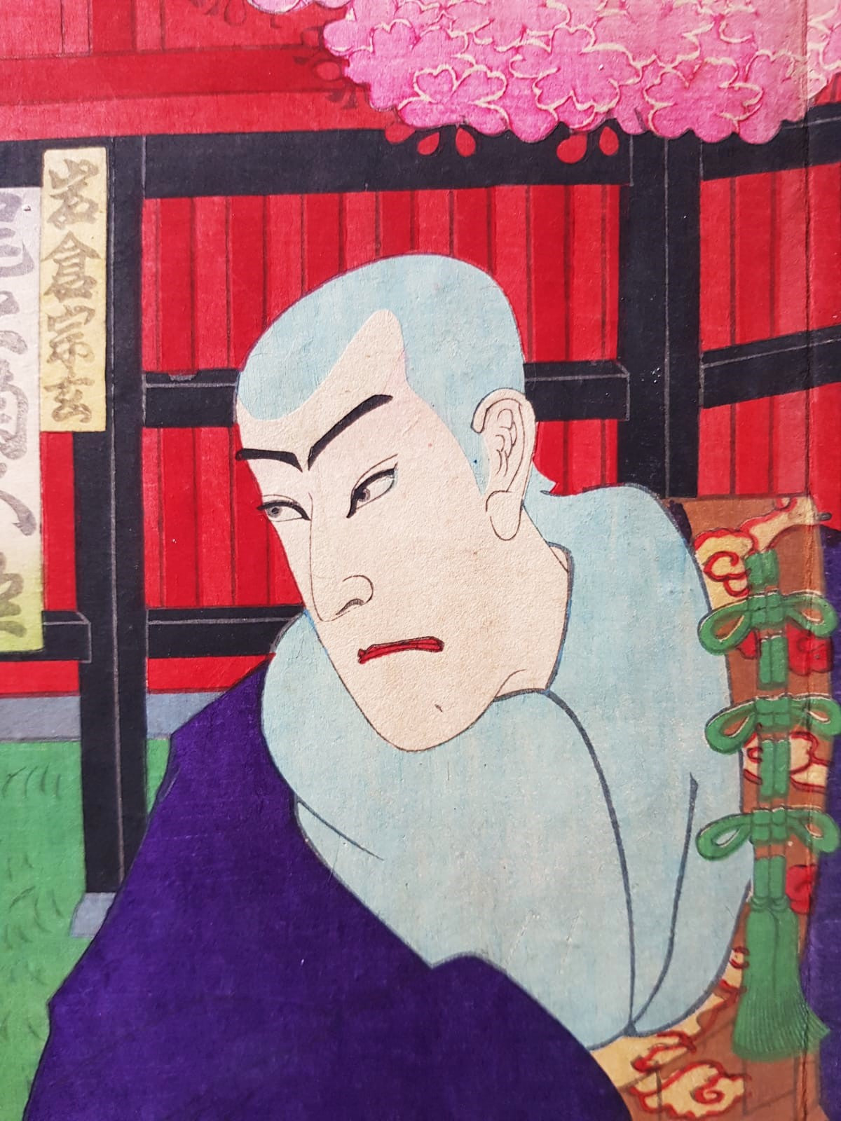 Meiji-Era Ukiyo-e Triptych – Toyohara Kunichika, Kabuki Theater Scene with Cherry Blossoms, c. 1880s