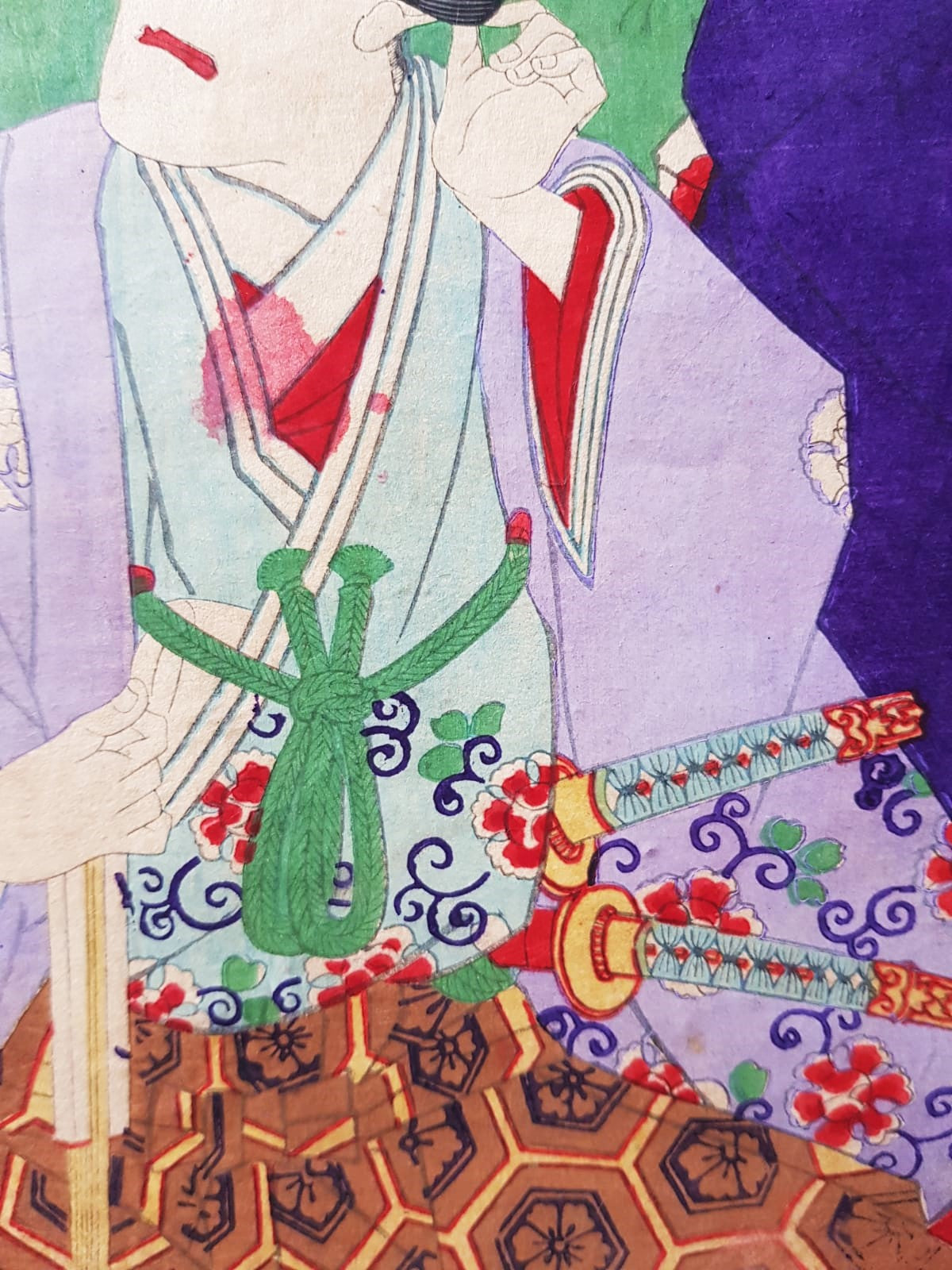 Meiji-Era Ukiyo-e Triptych – Toyohara Kunichika, Kabuki Theater Scene with Cherry Blossoms, c. 1880s