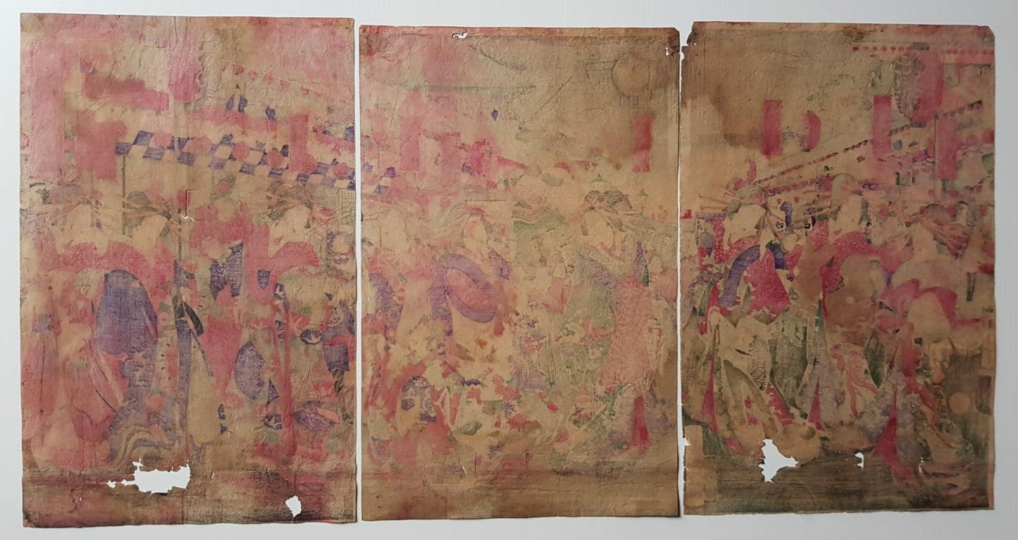 Yōshū Chikanobu (1838–1912) – "The Bustle of the Niwaka Festival at the New Yoshiwara" – Original Ukiyo-e, Woodblock Triptych, 1879