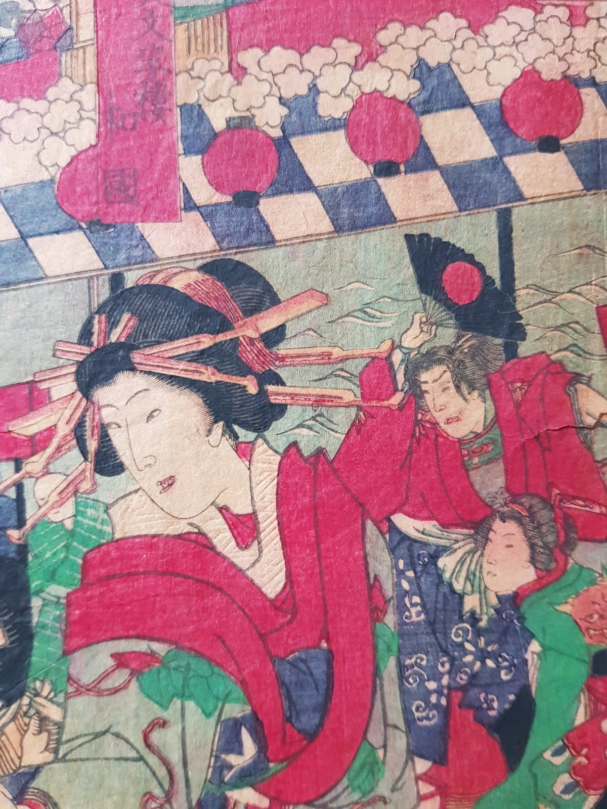 Yōshū Chikanobu (1838–1912) – "The Bustle of the Niwaka Festival at the New Yoshiwara" – Original Ukiyo-e, Woodblock Triptych, 1879