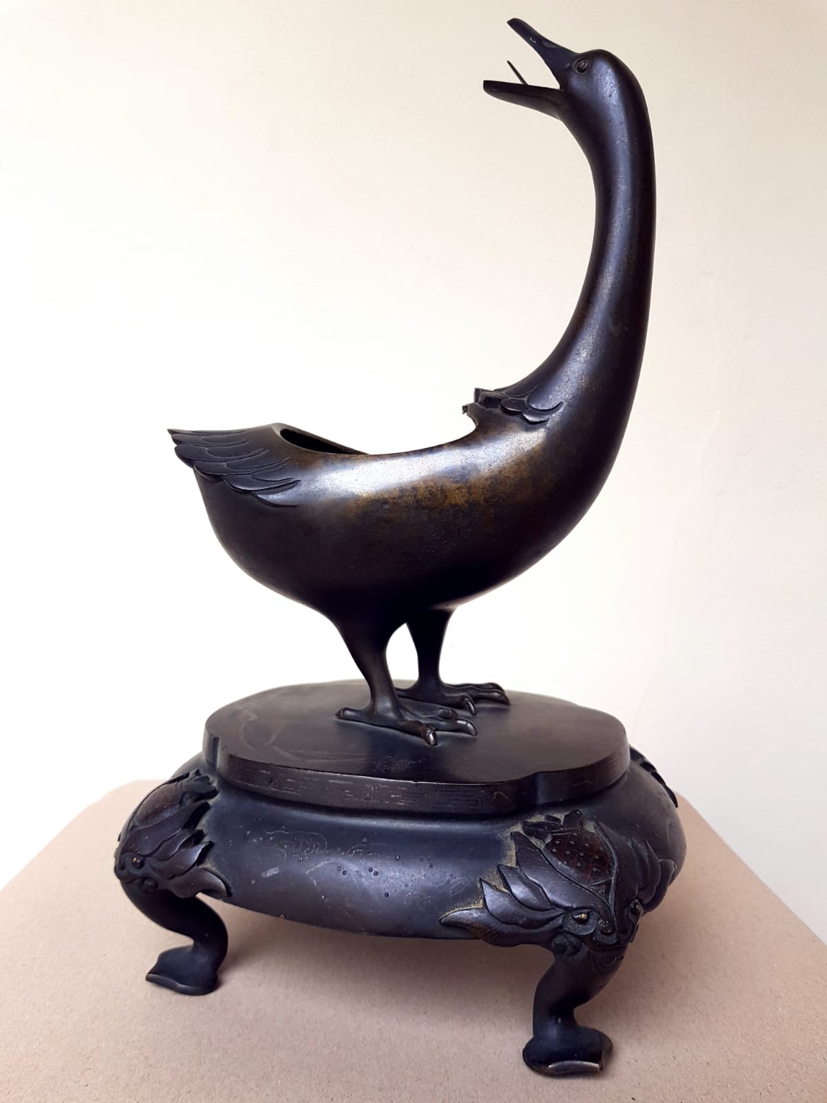 Large Antique Japanese Bronze Goose Incense Burner (Koro), Meiji Period, late 19th Century
