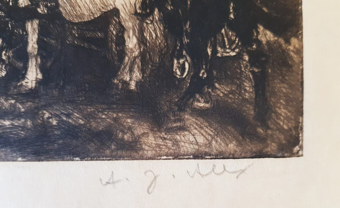 "Horses in the Rain" – Original Drypoint Etching by Adolf "Alex" Jlínek, Czechoslovakia, 1920s