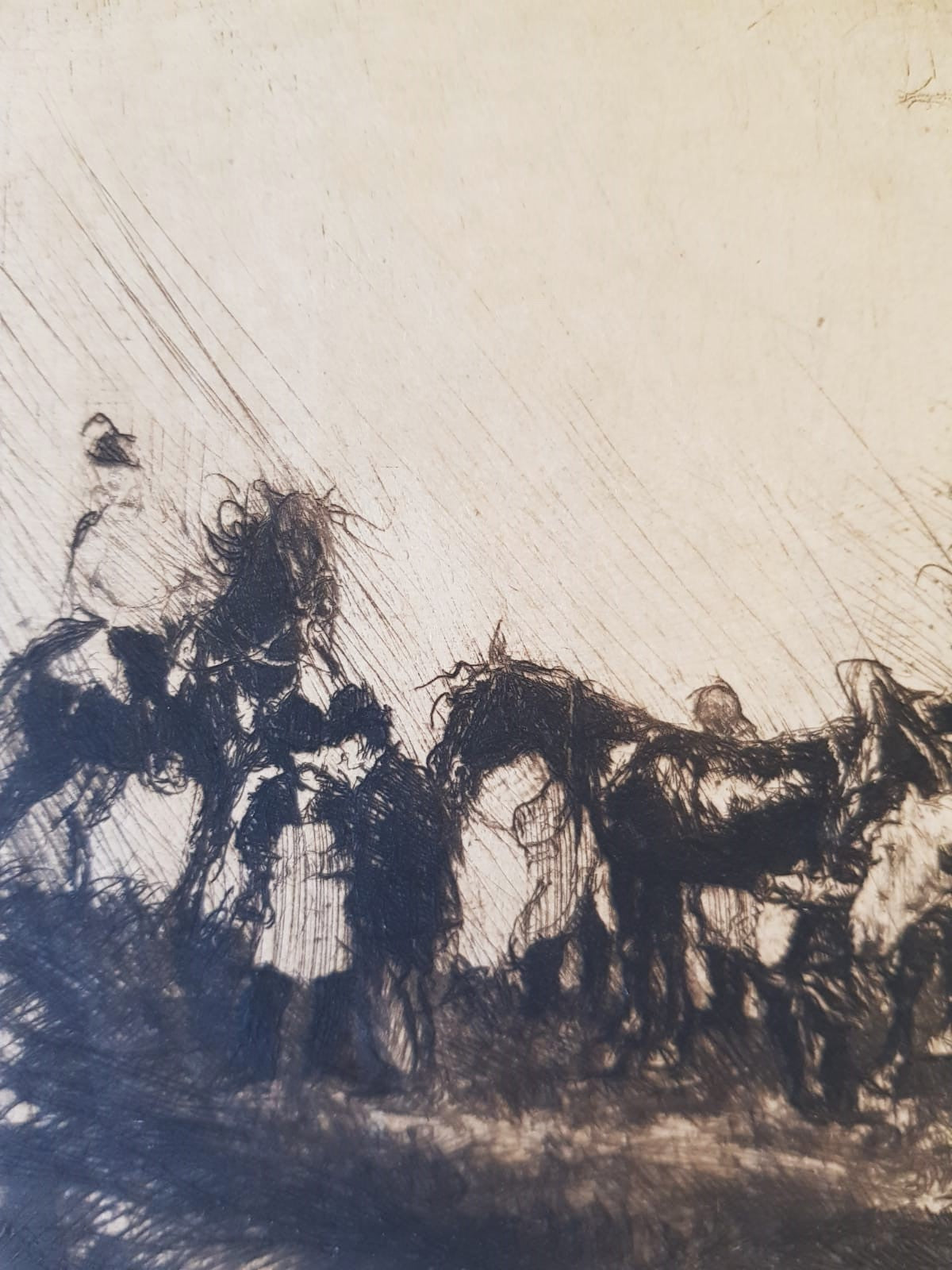 "Horses in the Rain" – Original Drypoint Etching by Adolf "Alex" Jlínek, Czechoslovakia, 1920s