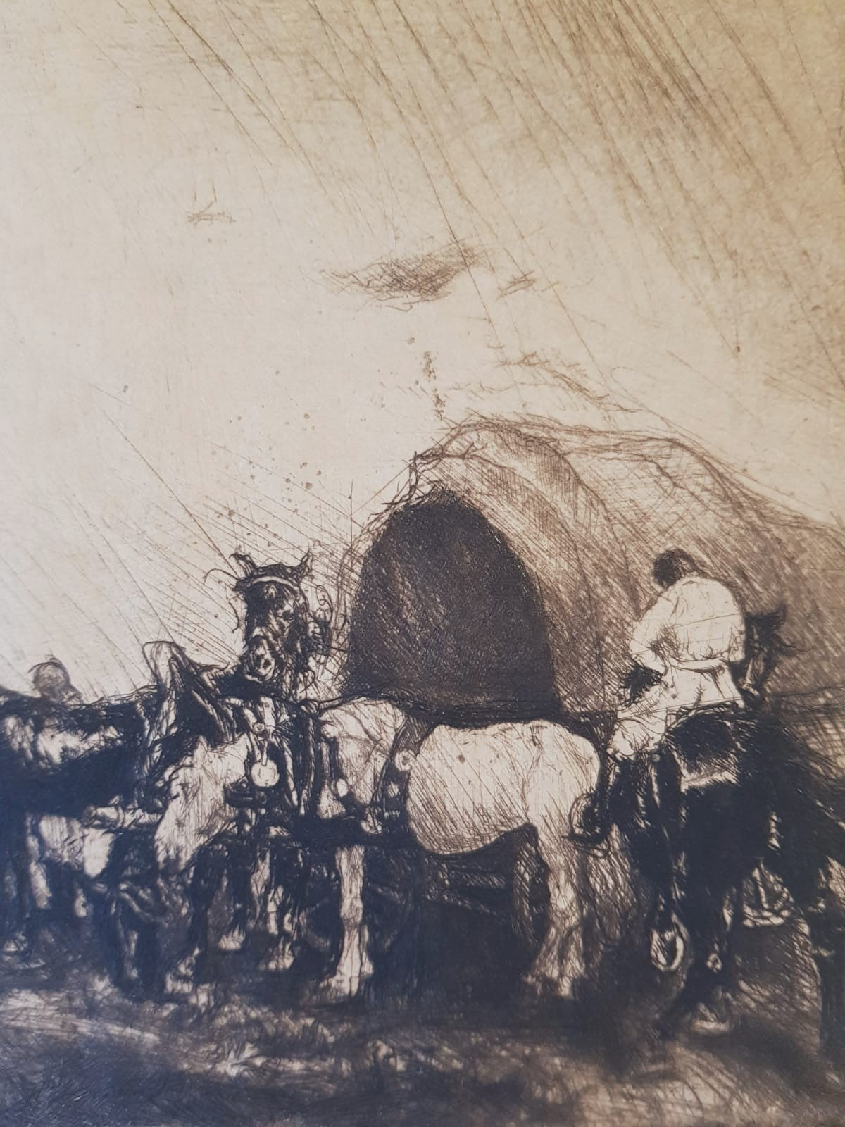 "Horses in the Rain" – Original Drypoint Etching by Adolf "Alex" Jlínek, Czechoslovakia, 1920s