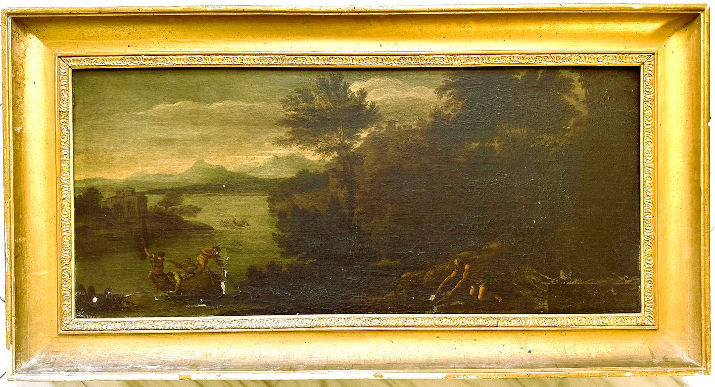 Manner of Domenico Zampieri, called il Domenichino, Lakeside Landscape with Boat and Figures,  Italy, 17th Century