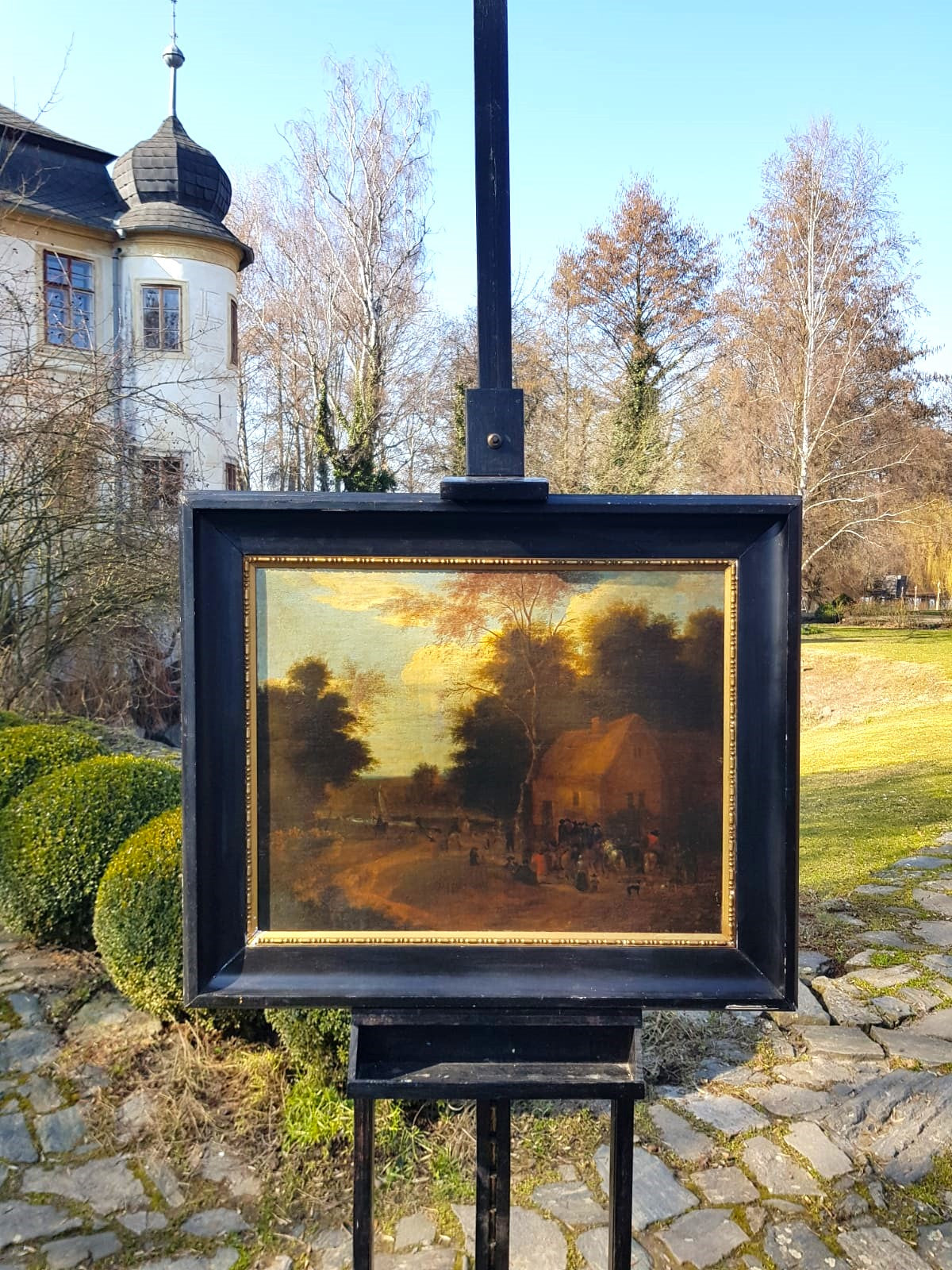 Antique Dutch Landscape Oil Painting: Village Inn at Sunset with Figures and Horses, 18th Century
