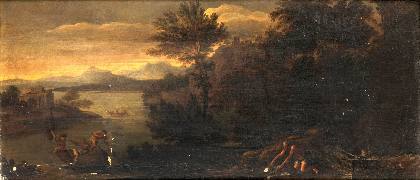 Manner of Domenico Zampieri, called il Domenichino, Lakeside Landscape with Boat and Figures,  Italy, 17th Century