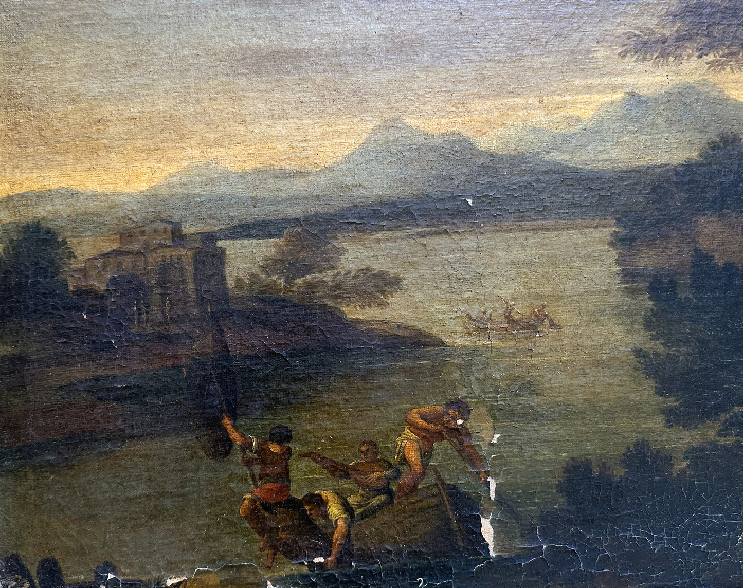 Manner of Domenico Zampieri, called il Domenichino, Lakeside Landscape with Boat and Figures,  Italy, 17th Century