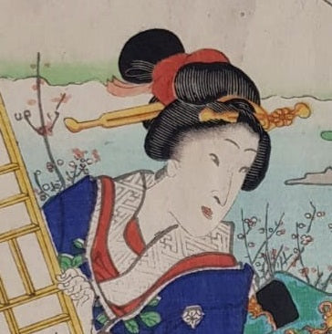 Toyohara Kunichika, Woodblock Print, Ukiyo-e, "Prince Genji Visiting a Villa with a View of Mount Fuji", 1863, Edo Period