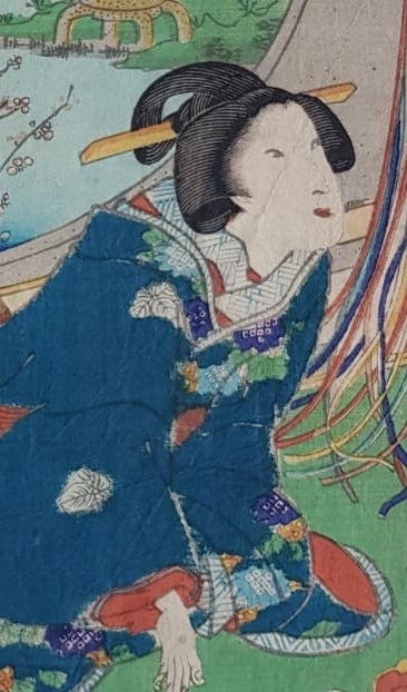 Toyohara Kunichika, Woodblock Print, Ukiyo-e, "Prince Genji Visiting a Villa with a View of Mount Fuji", 1863, Edo Period