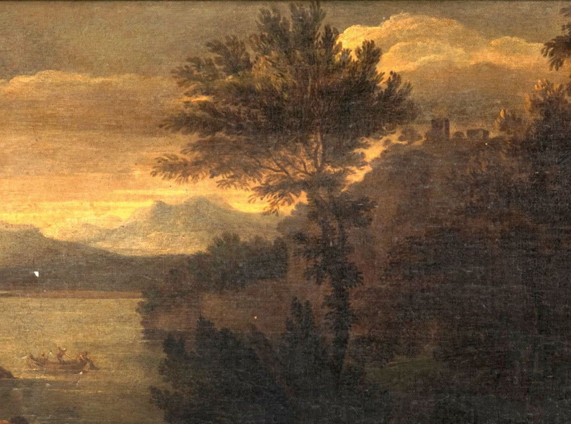 Manner of Domenico Zampieri, called il Domenichino, Lakeside Landscape with Boat and Figures,  Italy, 17th Century