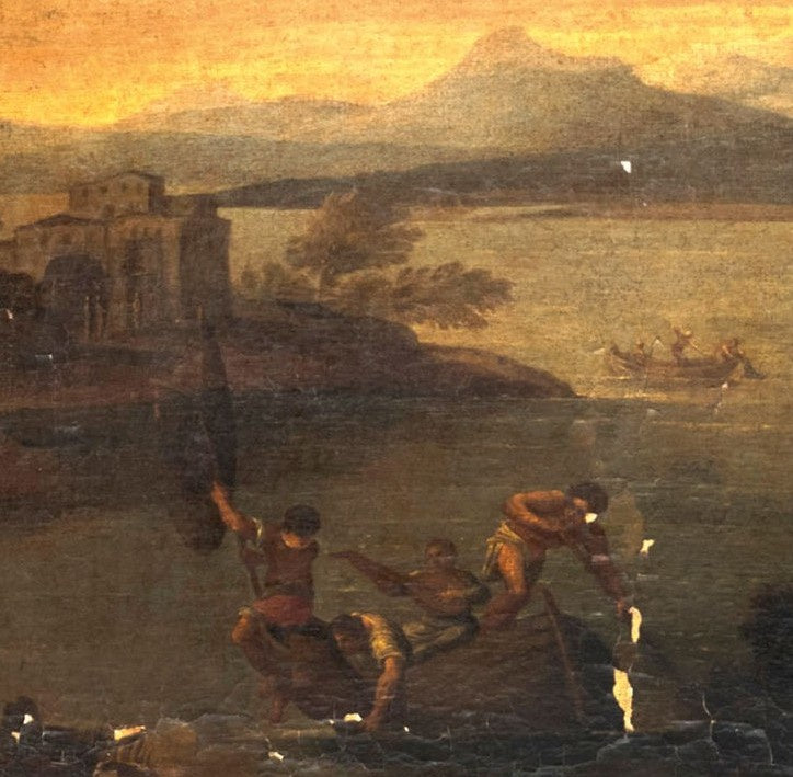 Manner of Domenico Zampieri, called il Domenichino, Lakeside Landscape with Boat and Figures,  Italy, 17th Century