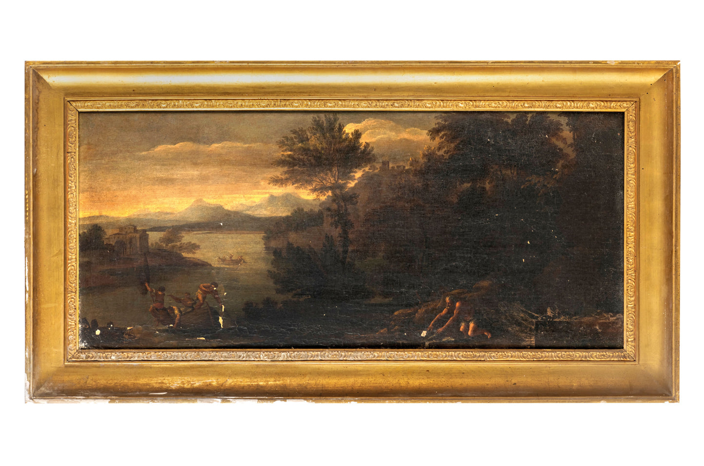 Manner of Domenico Zampieri, called il Domenichino, Lakeside Landscape with Boat and Figures,  Italy, 17th Century