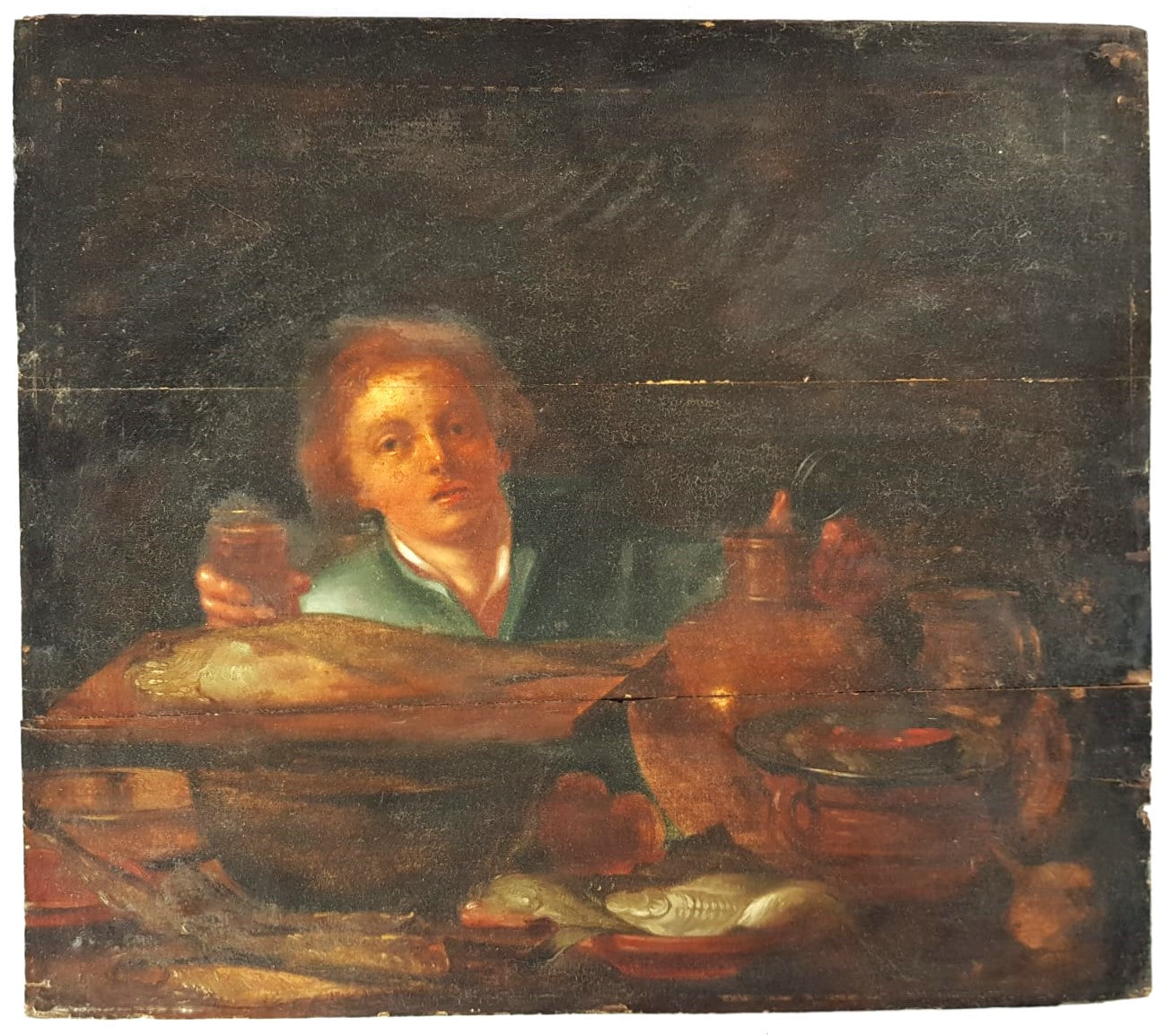 Dutch school (XVIII), manner of Willem van Mieris - Genre Scene with Fishmonger