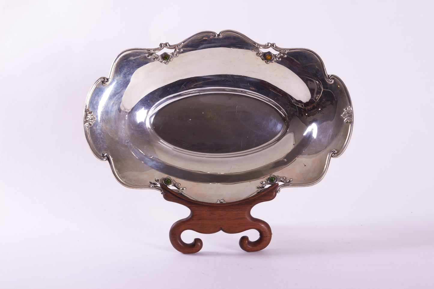 Antique 900 Silver Oval Bowl with Semi-Precious Stones