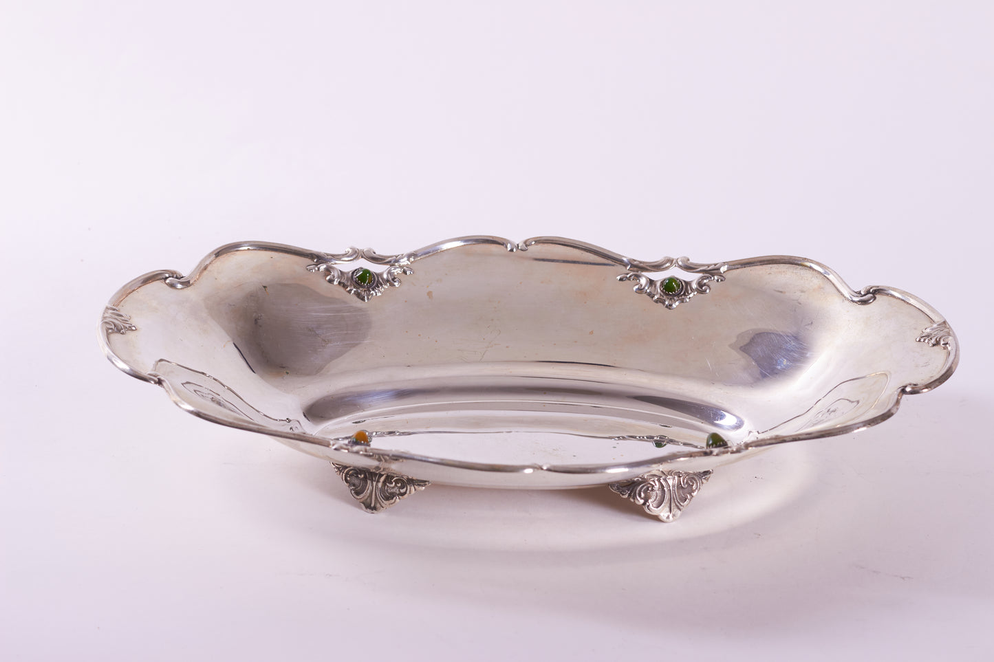 Antique 900 Silver Oval Bowl with Semi-Precious Stones