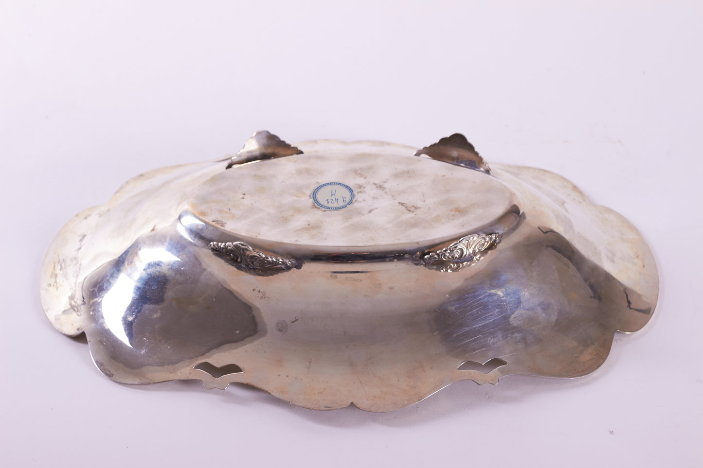 Antique 900 Silver Oval Bowl with Semi-Precious Stones