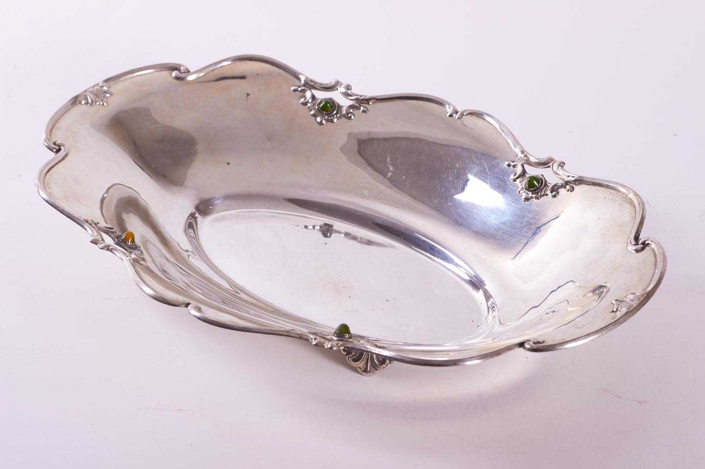Antique 900 Silver Oval Bowl with Semi-Precious Stones