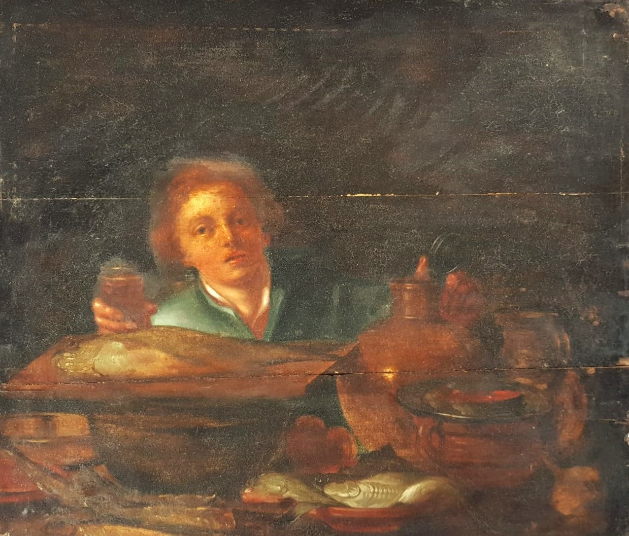 Dutch school (XVIII), manner of Willem van Mieris - Genre Scene with Fishmonger