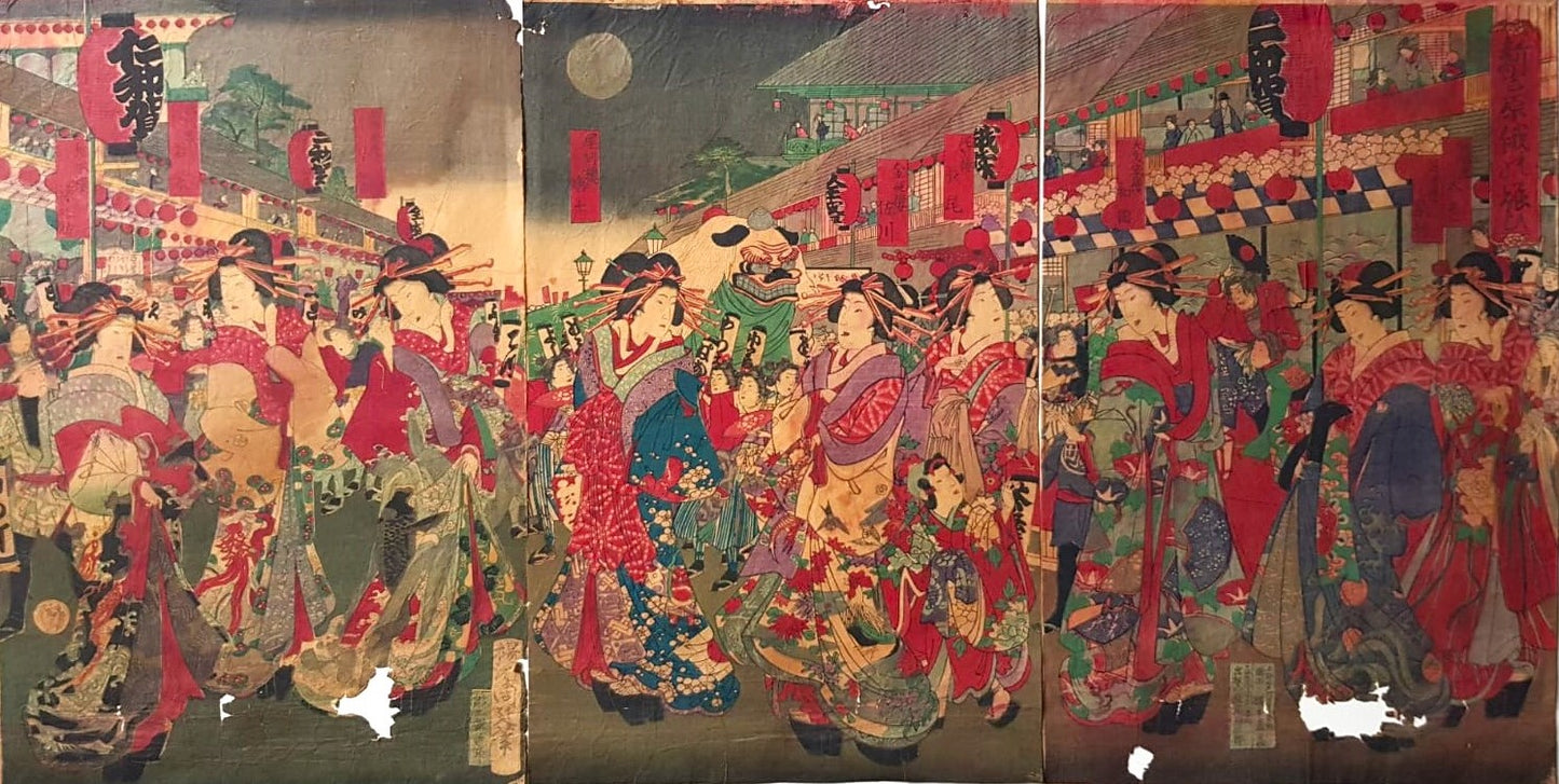 Yōshū Chikanobu (1838–1912) – "The Bustle of the Niwaka Festival at the New Yoshiwara" – Original Ukiyo-e, Woodblock Triptych, 1879