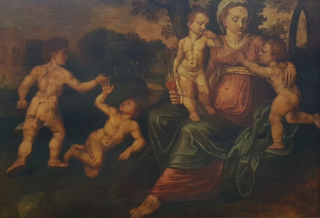 North European School, 16th Century, Oil on Panel, "Madonna and Child with Infant Figures in a Landscape"